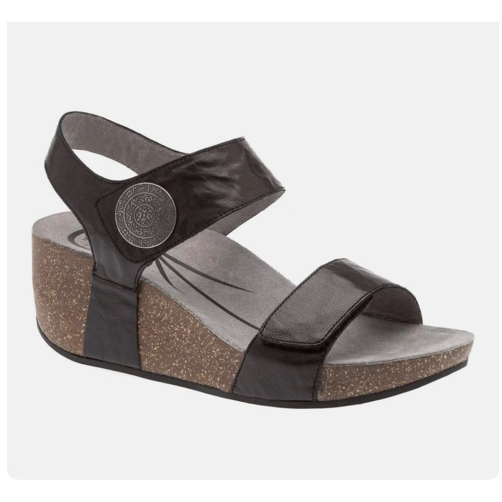 ABEO B.I.O.system Black Leather Wedge Sandals Womens 8.5 APMA Comfort Shoes
